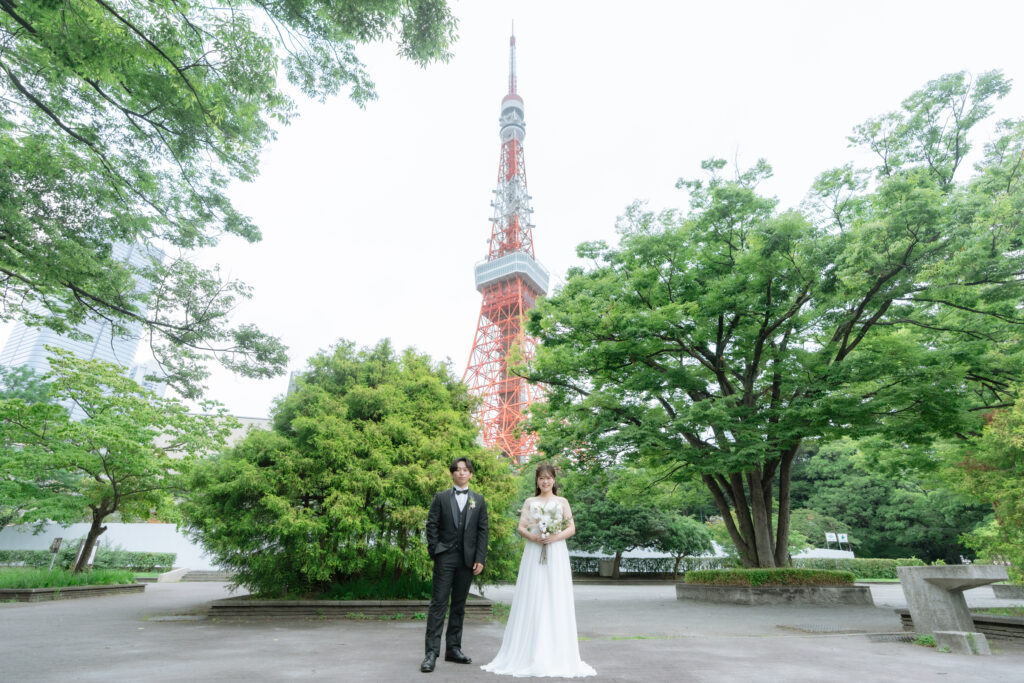 東京タワー周辺でのフォトウェディング・前撮り・ウェディングフォト(洋装・ウェディングドレス)