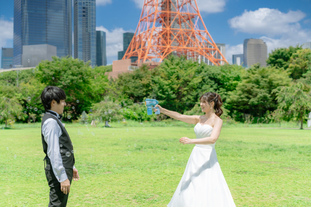 芝公園でのフォトウェディング・前撮り・ウェディングフォト(洋装・ウェディングドレス)