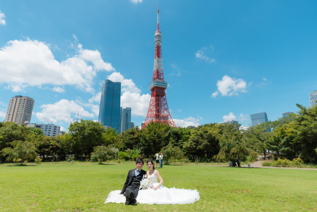 東京タワー周辺・芝公園でのフォトウェディング・前撮り・ウェディングフォト(洋装・ウェディングドレス)