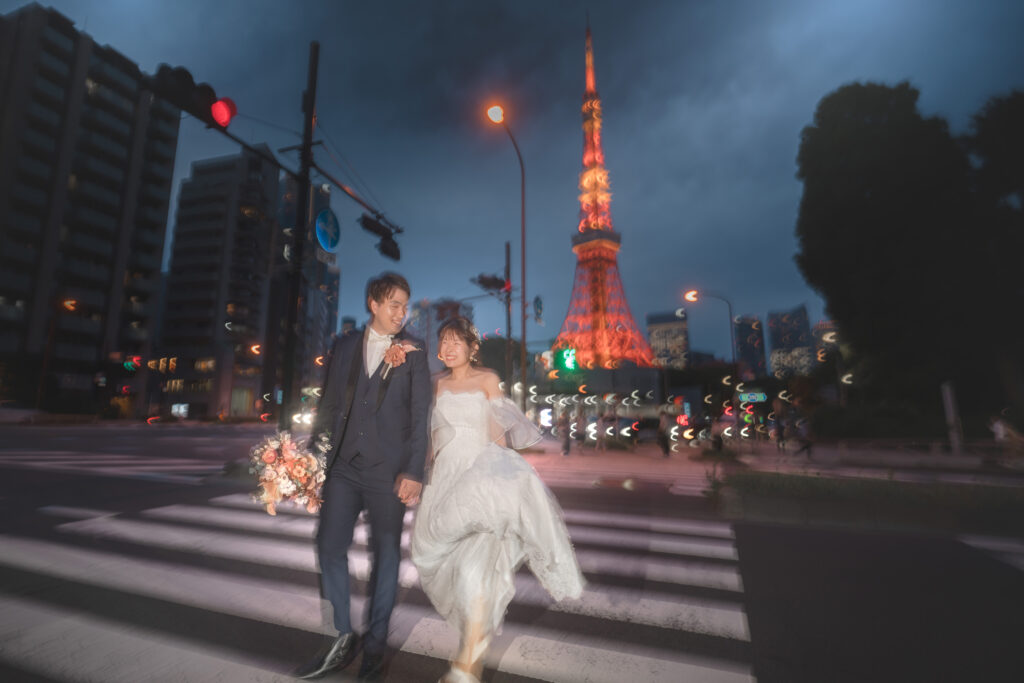 東京タワー周辺でのフォトウェディング・前撮り・ウェディングフォト(洋装・ウェディングドレス)