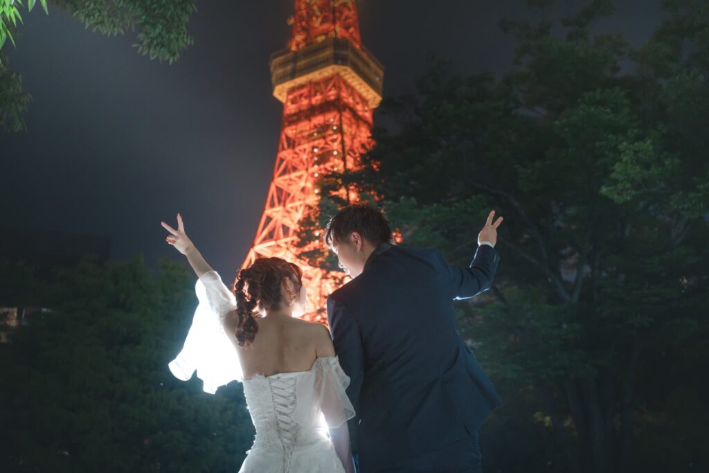 東京タワー周辺でのフォトウェディング・前撮り・ウェディングフォト(洋装・ウェディングドレス)